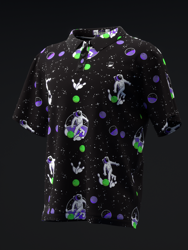 Black bowling polo with neon green and purple space-themed graphic print