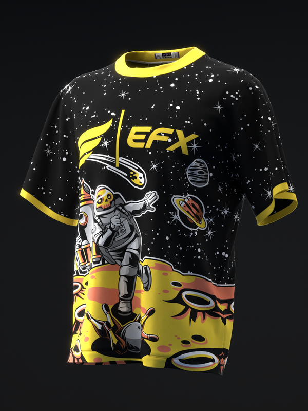 Black bowling jersey with yellow trim and astronaut graphic design