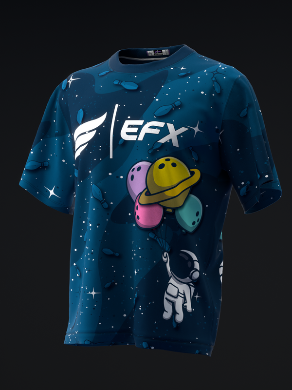 Dark blue bowling jersey with colorful planet and astronaut graphic design