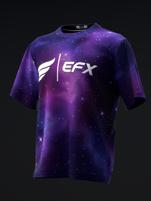 Purple galaxy-print bowling jersey with white EFX logo, front view