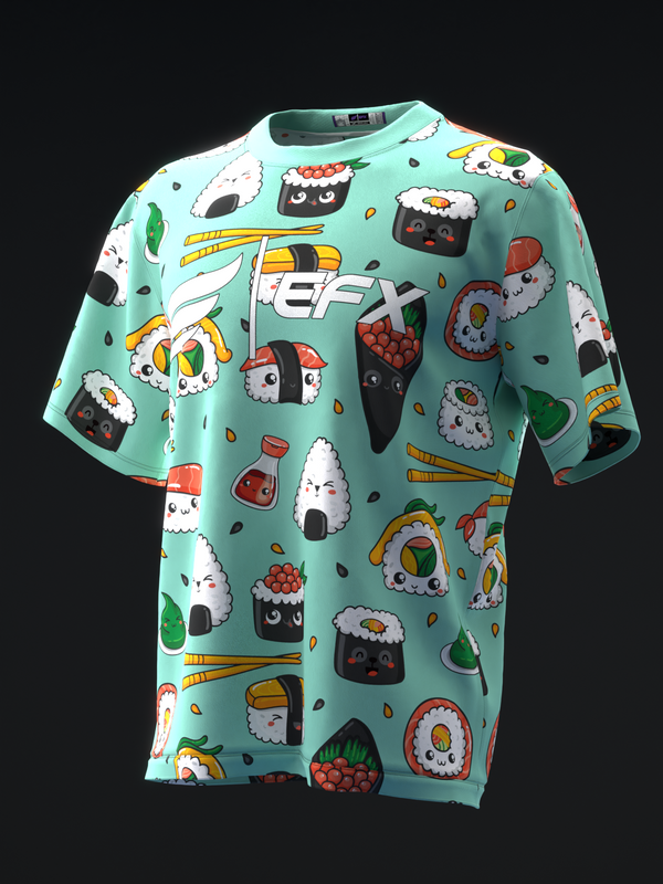 Teal bowling jersey with playful sushi and chopsticks cartoon print, front view