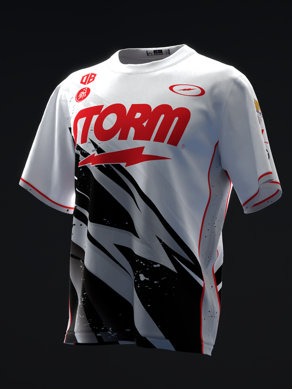 White bowling jersey with red Storm branding and black lightning graphic design
