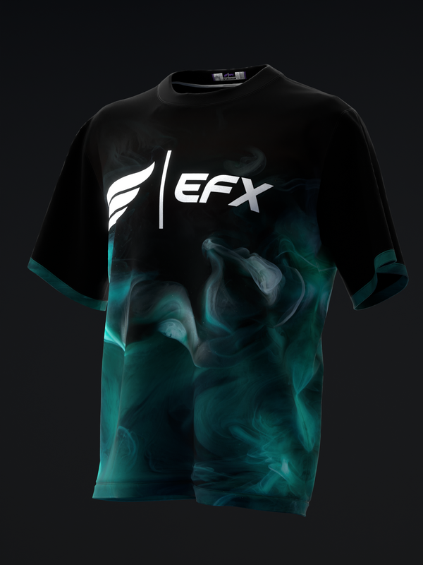 Black bowling jersey with teal smoke effect graphic and EFX logo