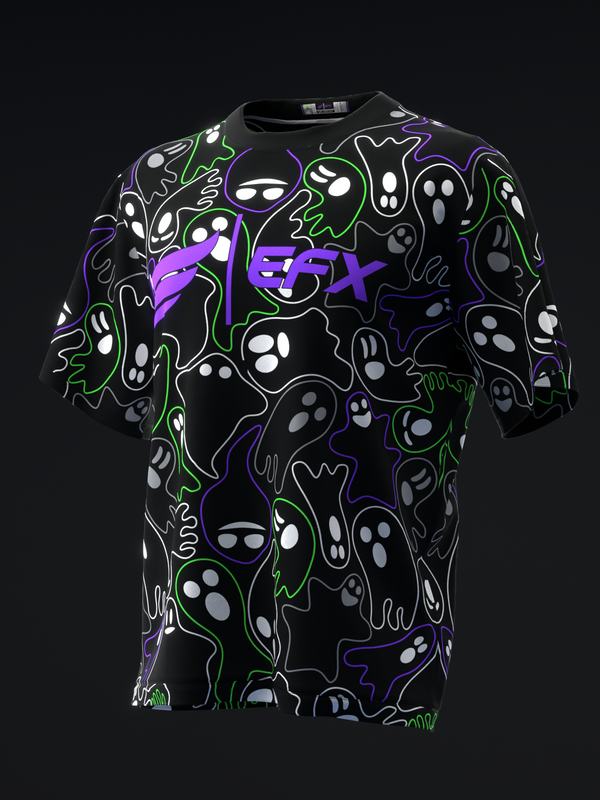 Black bowling jersey with neon ghost and lightning bolt pattern throughout