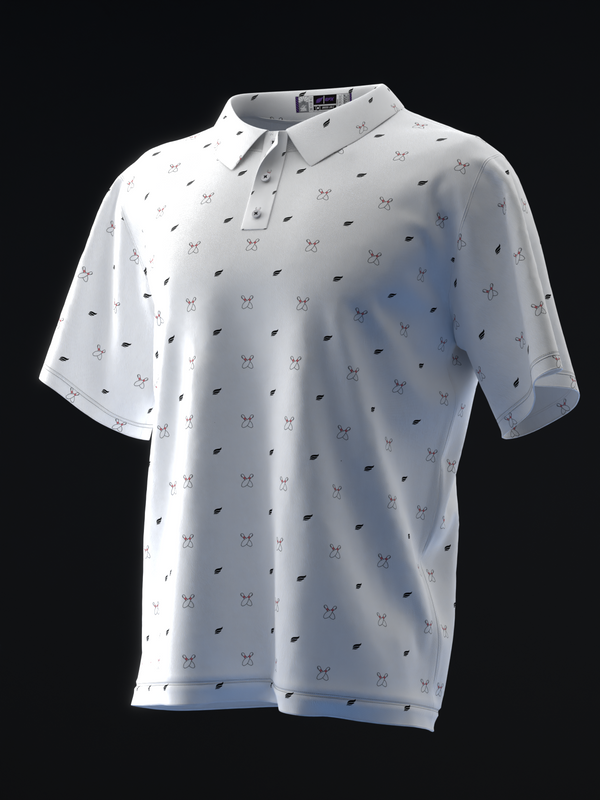 White polo shirt with bowling pins and leaf pattern throughout front view