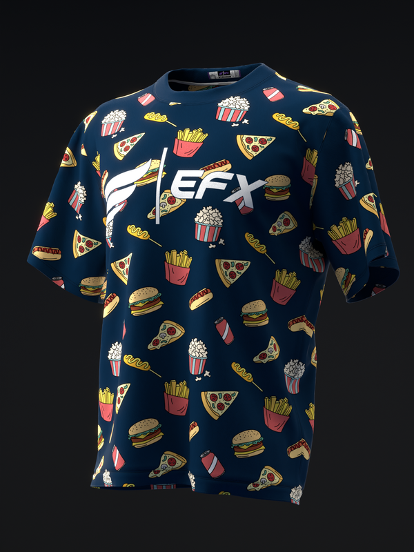 Black bowling jersey with colorful fast food graphic print throughout front