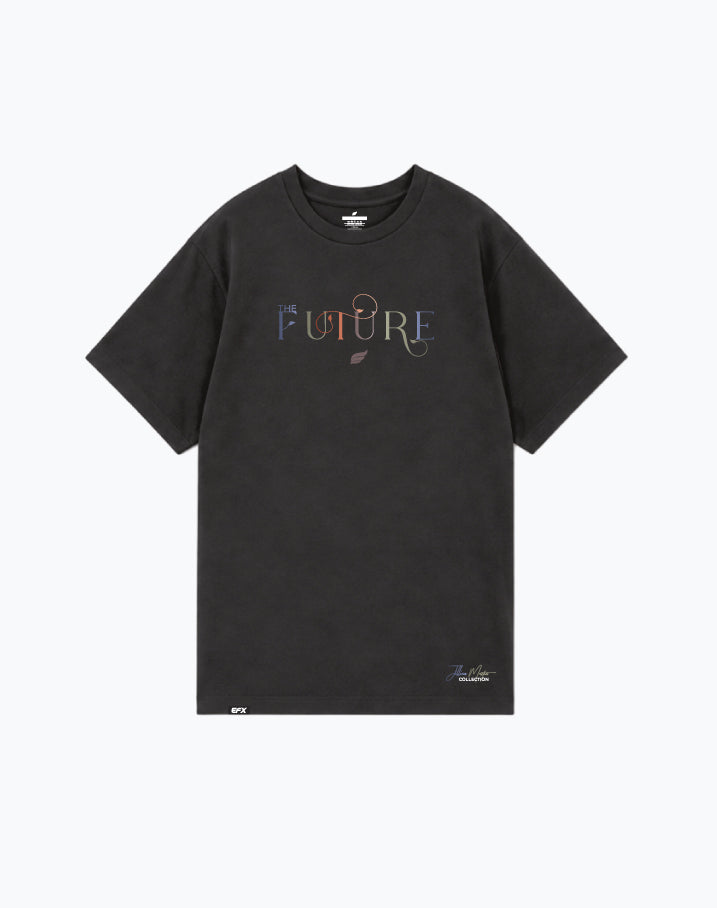 Black t-shirt with "The Future" text graphic on front chest