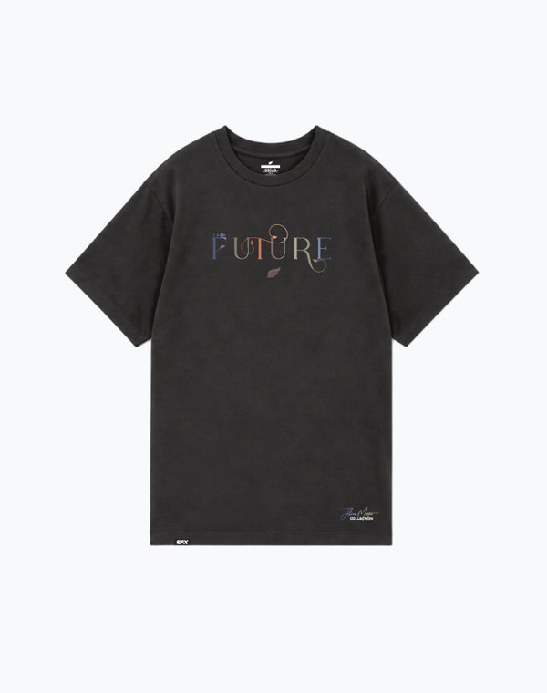 Black t-shirt with "The Future" text graphic on front chest
