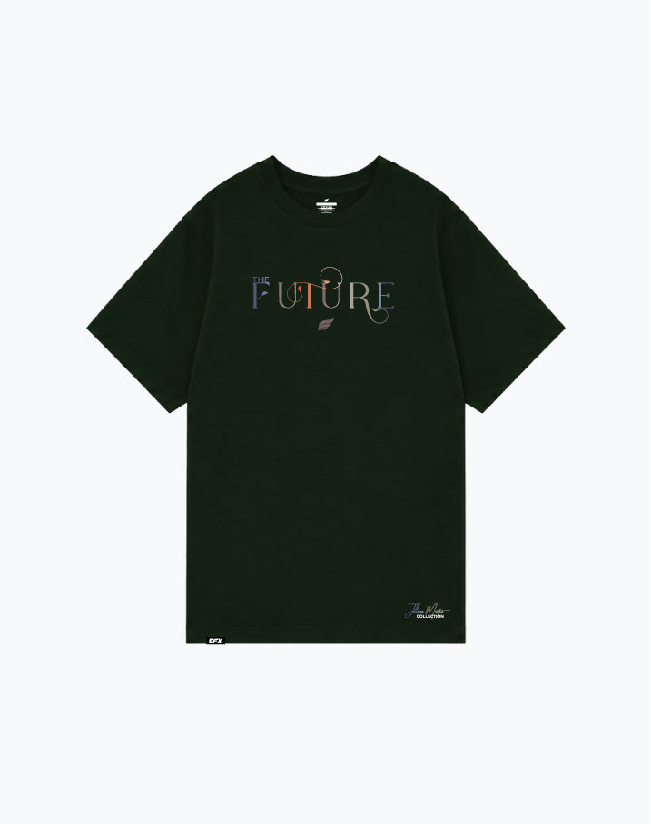 Forest green tee with the future text design and small leaf graphic