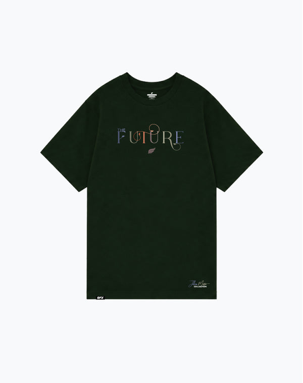 Forest green tee with the future text design and small leaf graphic