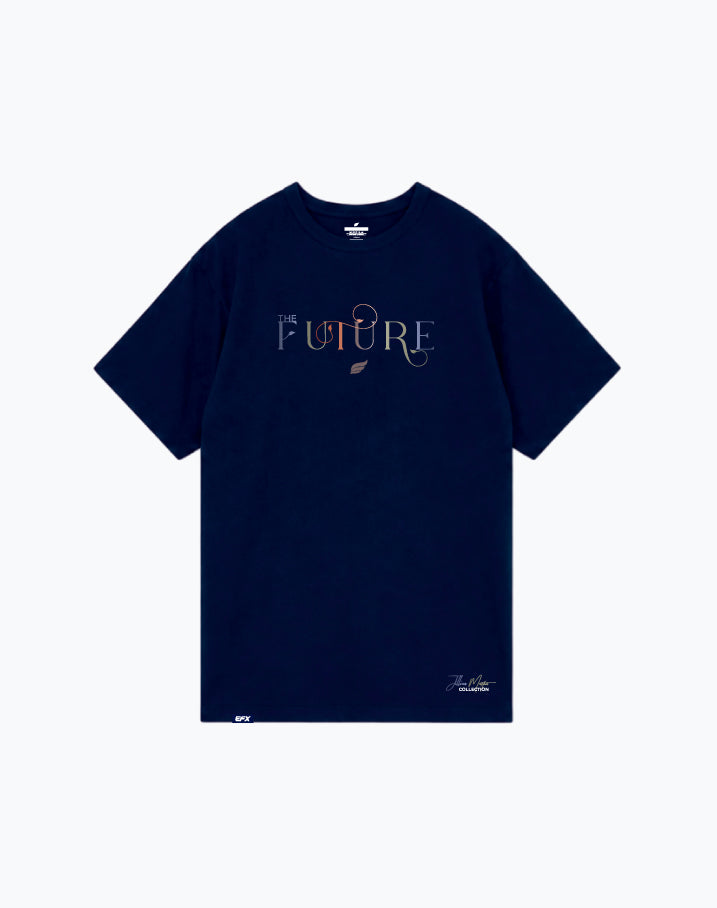 Navy blue t-shirt with The Future text and small graphic design on front