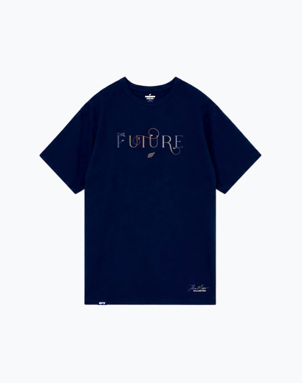 Navy blue t-shirt with The Future text and small graphic design on front