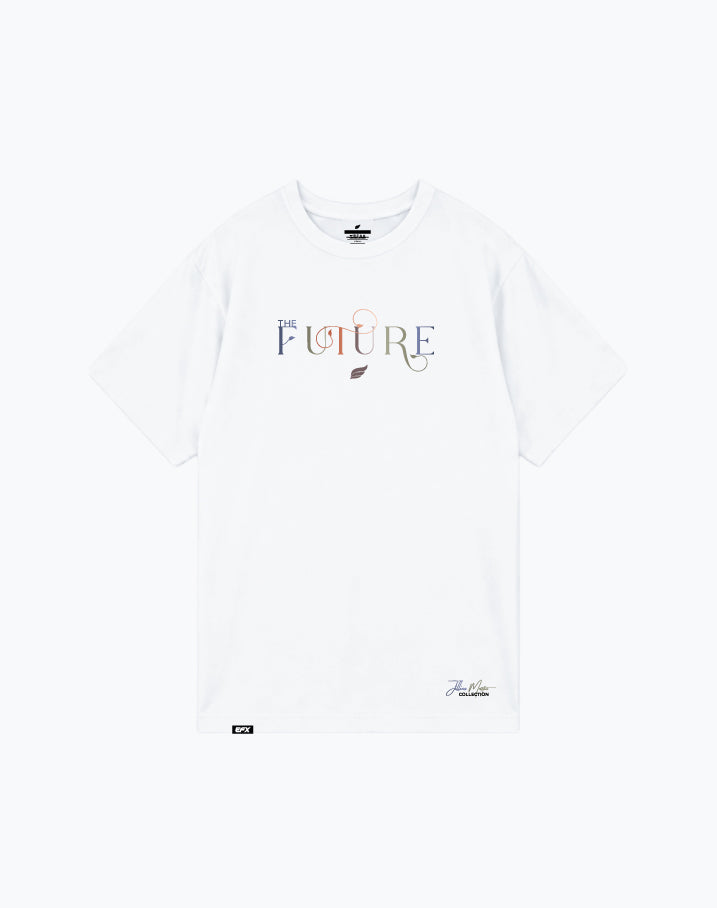 White t-shirt with "The Future" text graphic in multicolored letters on front