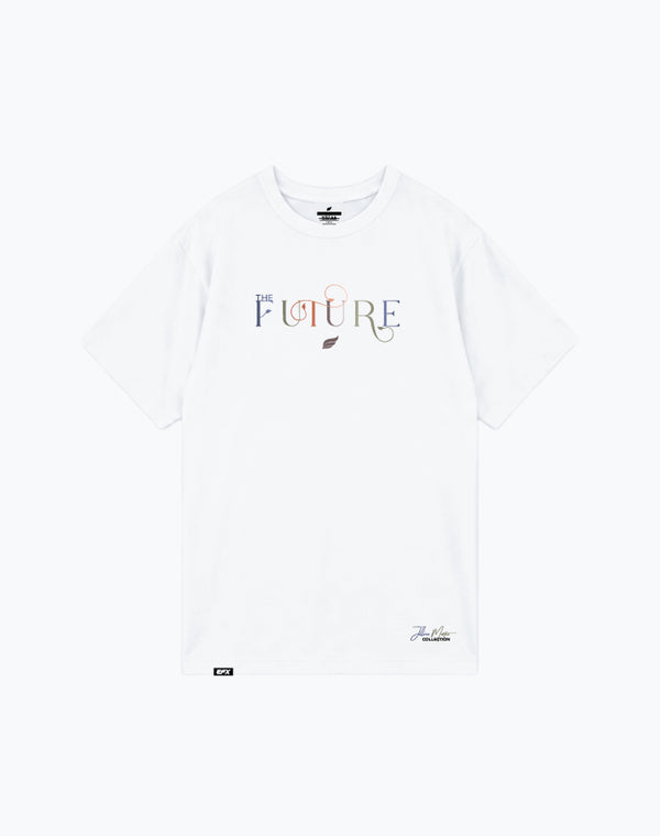 White t-shirt with The Future text graphic in multicolor lettering on front