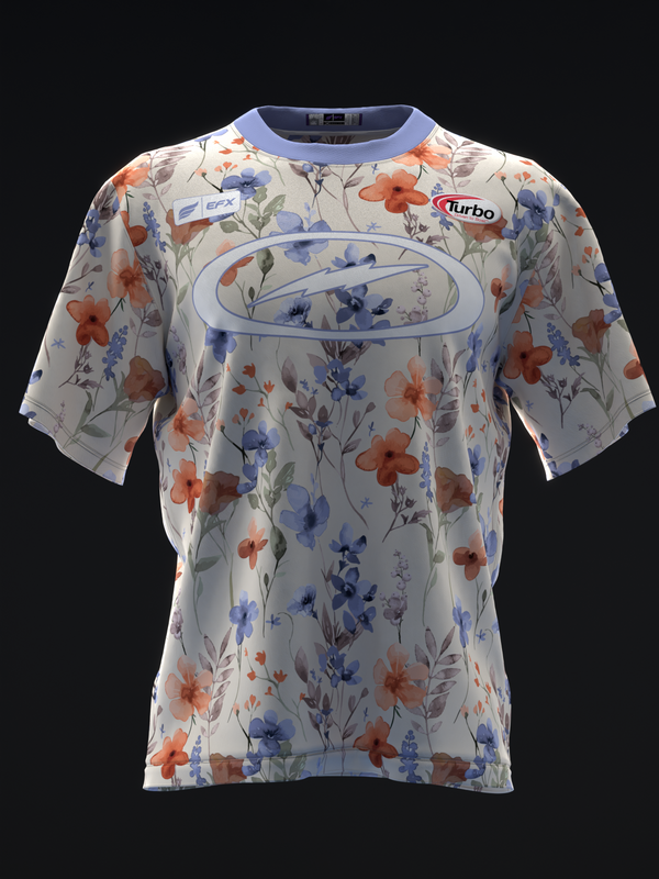Cream bowling jersey with blue and orange floral pattern, front view