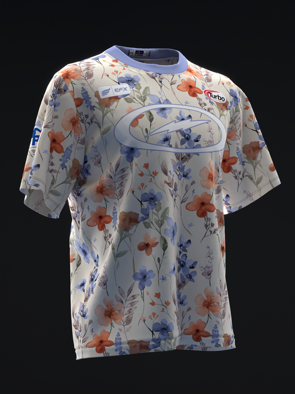 Cream bowling jersey with red and blue floral pattern and oval graphic