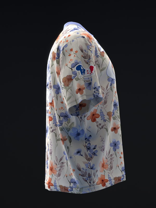 Cream bowling jersey with blue and orange floral print, three-quarter view