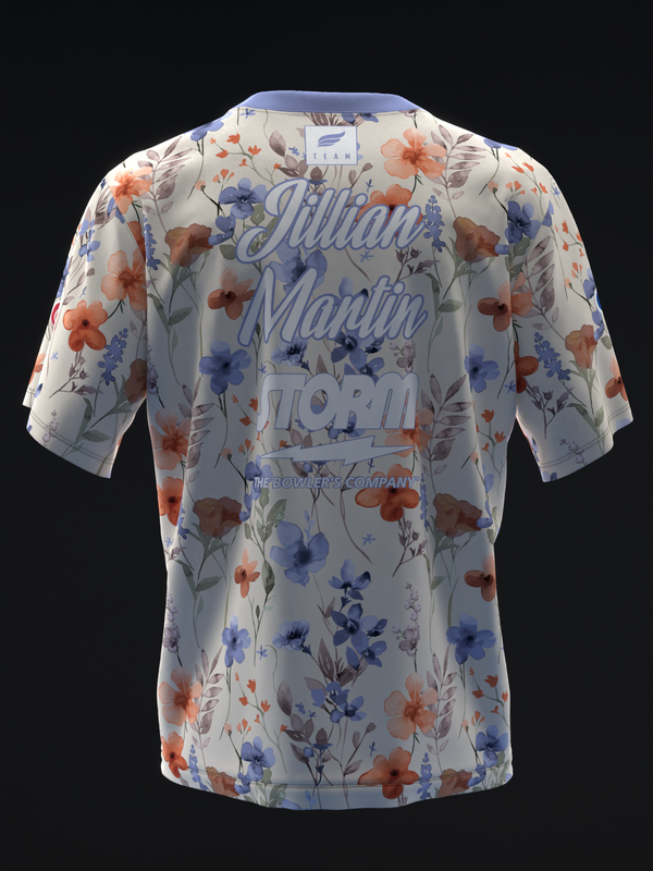White bowling jersey with red and blue floral pattern throughout, back view