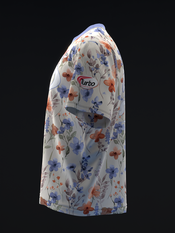 White bowling jersey with blue and orange floral pattern, side view
