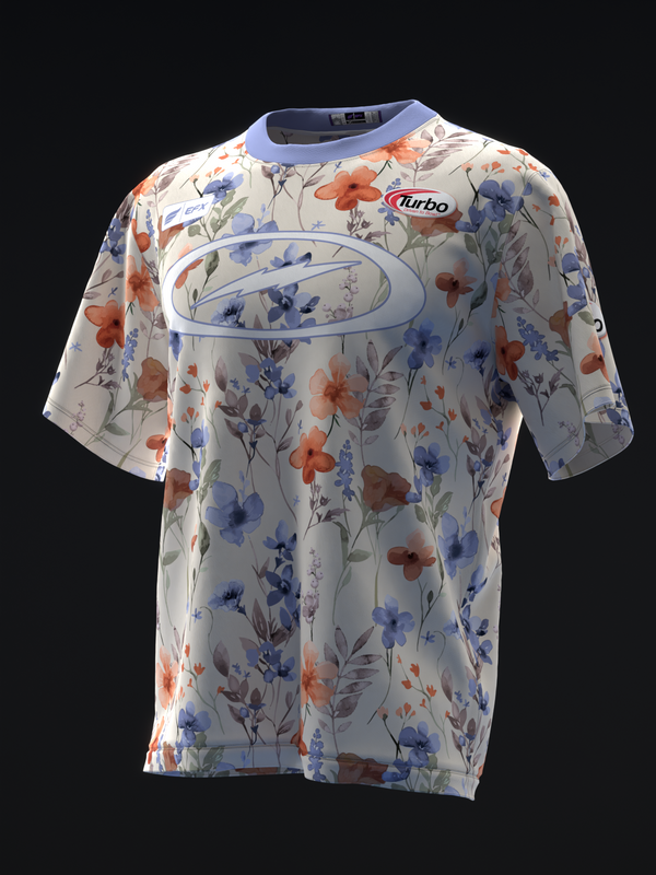 White bowling jersey with blue and orange floral pattern, front view