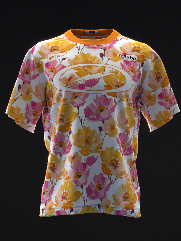 White bowling jersey with pink and yellow floral pattern, orange trim, front view