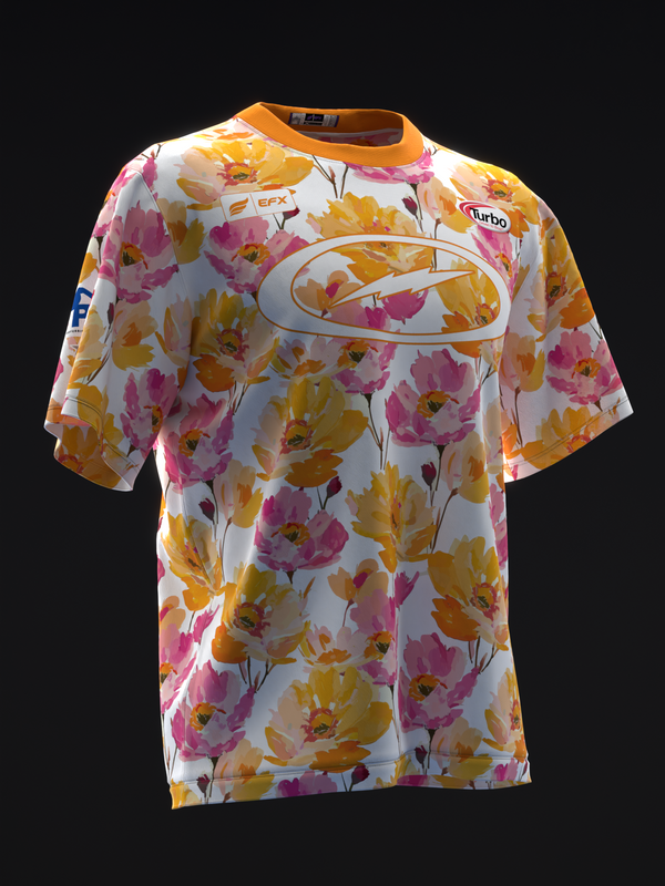 White bowling jersey with pink and yellow floral pattern, orange trim