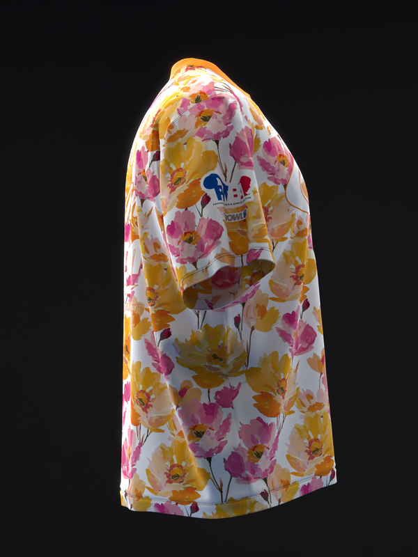 White bowling jersey with pink and yellow floral print, side view