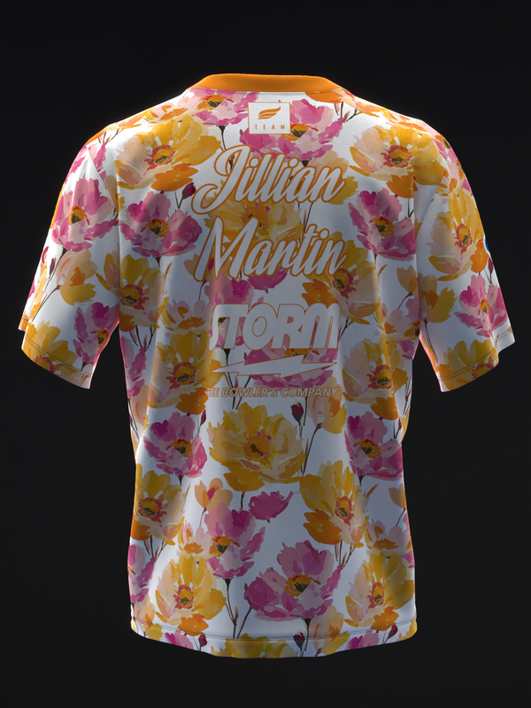 Back view of bowling jersey with pink and yellow floral print on white