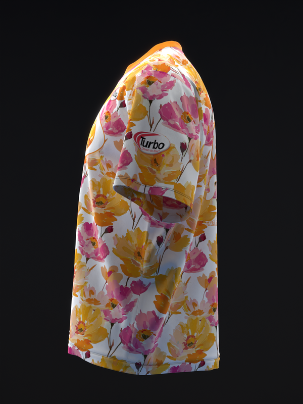 White bowling jersey with pink and yellow floral print, side view