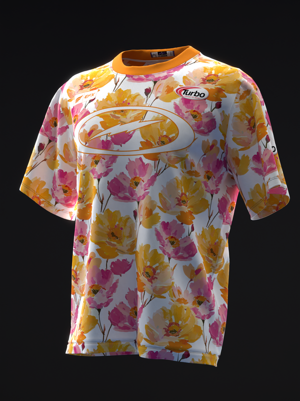 White bowling jersey with pink and gold floral print and oval graphic