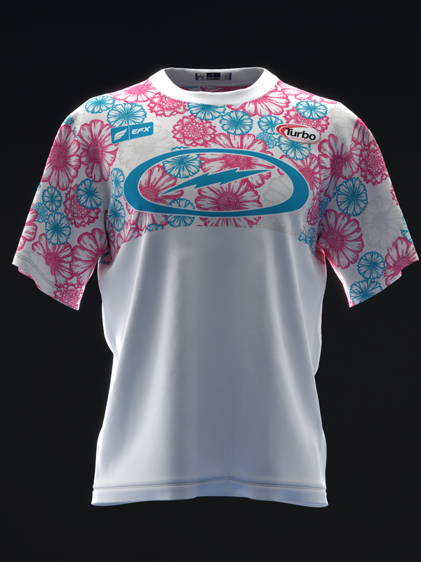 White bowling jersey with pink and blue floral pattern on sleeves and chest graphic