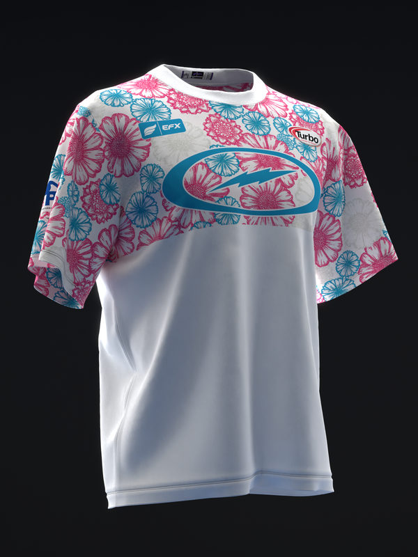 White bowling jersey with pink and blue floral pattern on shoulders and sleeves
