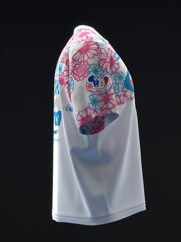 White bowling jersey with pink and teal floral design, side view