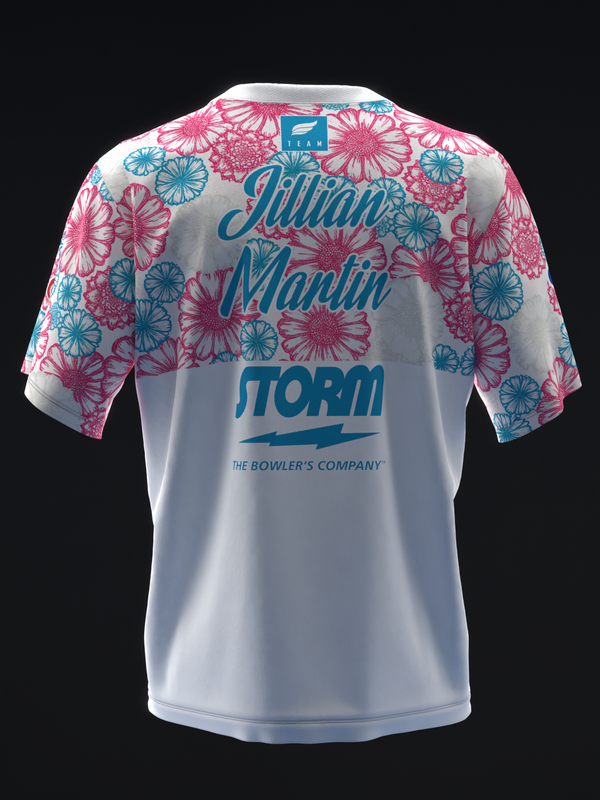 White bowling jersey back with pink and teal floral pattern on sleeves