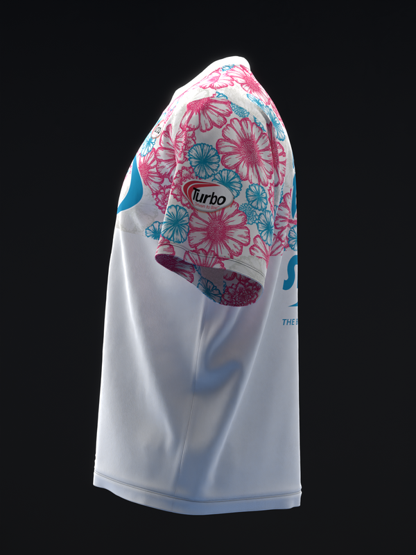 White bowling jersey with pink and teal floral pattern, side view