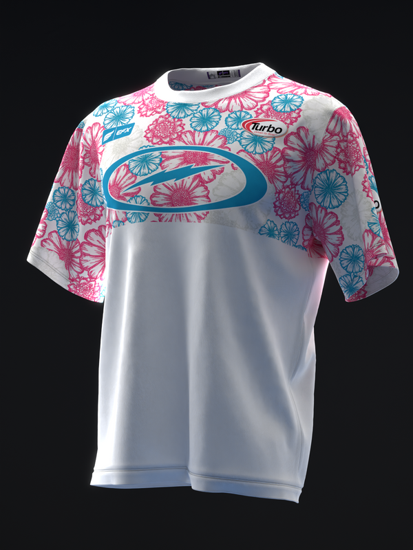 White bowling jersey with pink and teal floral pattern on sleeves and shoulders