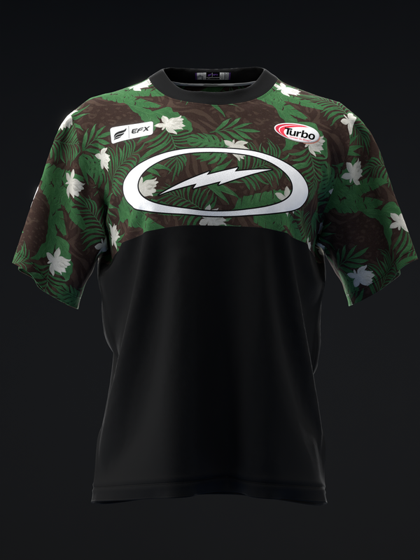 Black bowling jersey with tropical palm print shoulders and white oval logo front