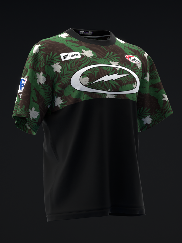 Black bowling jersey with tropical palm print shoulders and white oval logo