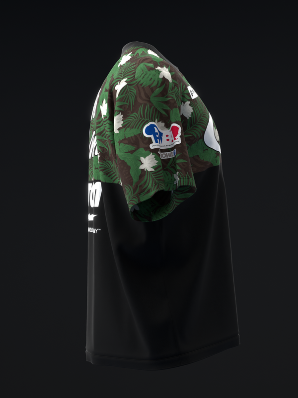 Black bowling jersey with tropical palm leaf and floral print panel on shoulder