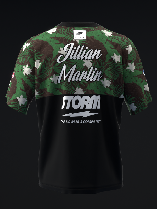 Black bowling jersey with tropical leaf and flower print sleeves, back view