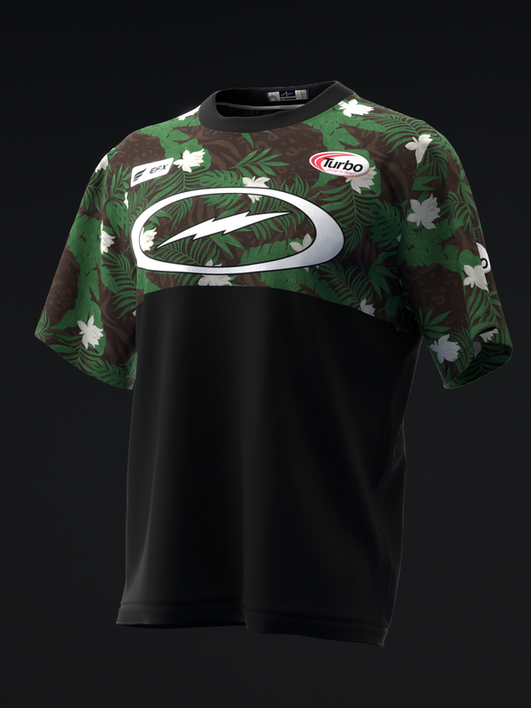 Black bowling jersey with tropical palm leaf pattern shoulders and white oval logo
