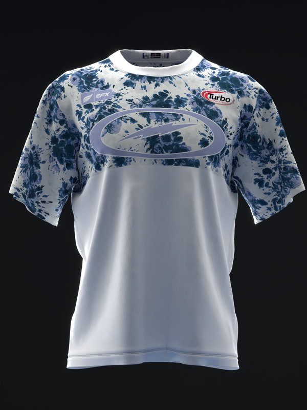 White bowling jersey with blue floral print shoulders and oval graphic front view