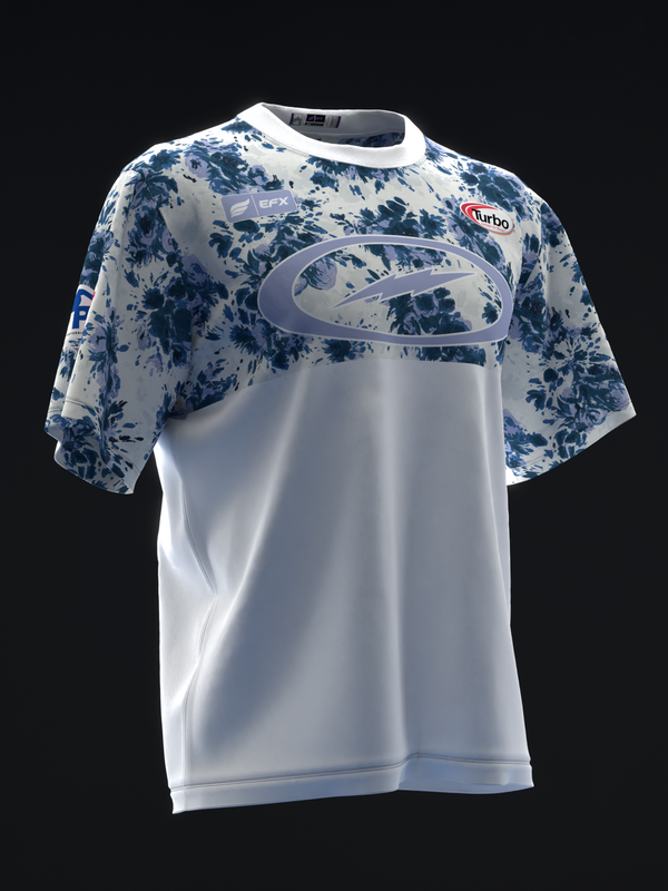White bowling jersey with blue floral pattern sleeves and oval graphic on front