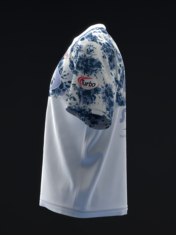 White bowling jersey with blue floral pattern on sleeve and Turbo logo