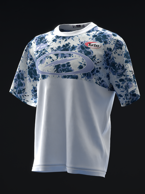 White bowling jersey with blue floral pattern sleeves and oval graphic on front