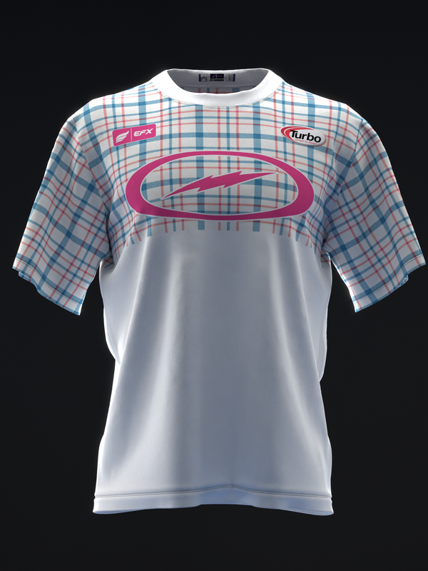 White bowling jersey with blue and pink plaid sleeves and pink oval logo on front