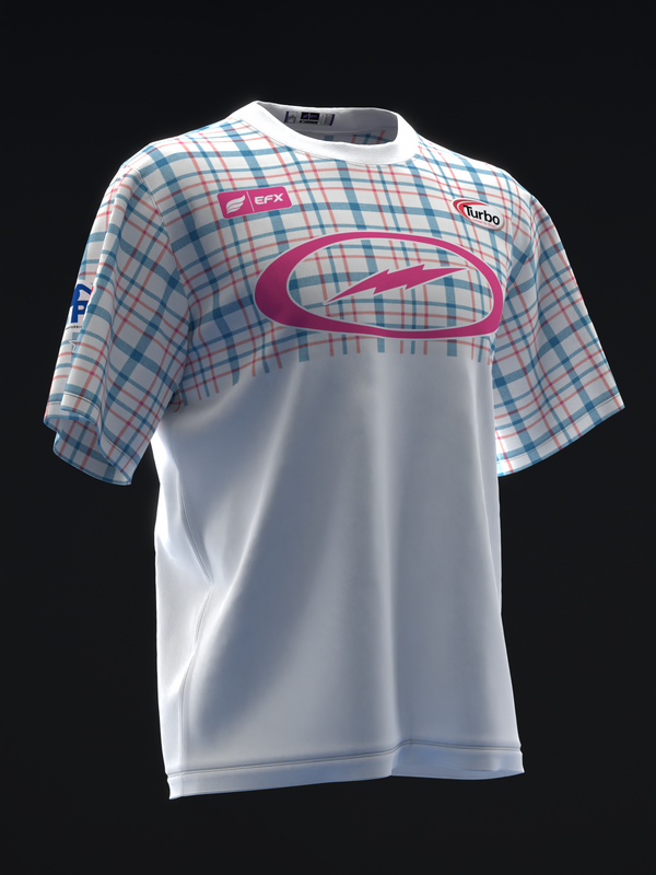 White bowling jersey with blue and pink plaid shoulders and pink oval logo