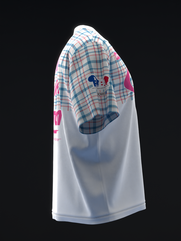 White bowling jersey with plaid yoke and pink sleeve accents, side view
