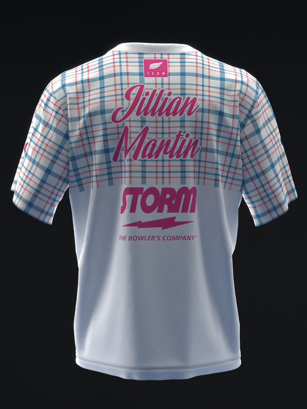 Back view of bowling jersey with blue and pink plaid pattern and white body panel