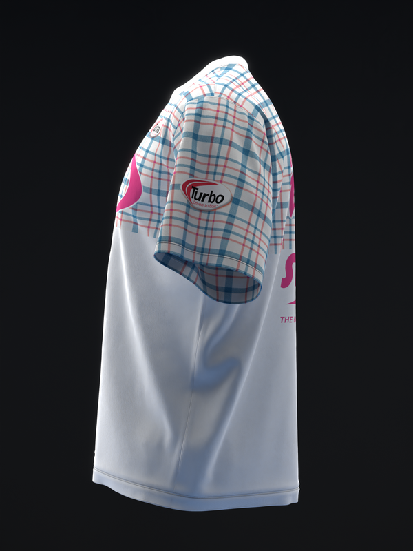 White bowling jersey with blue and pink plaid panel and Turbo logo, side view